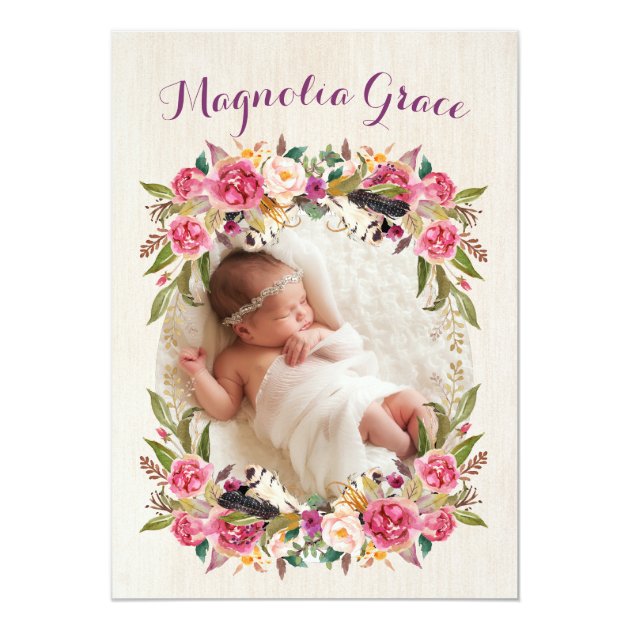 Floral Boho Baby Girl Birth Announcement Invitations