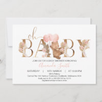 Floral Boho Bear Balloons Word Baby Shower Invitation