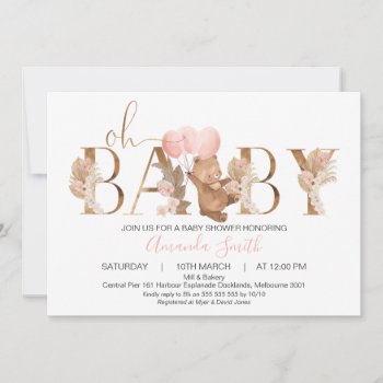 Floral Boho Bear Balloons Word Baby Shower Invitation by figtreedesign at Zazzle