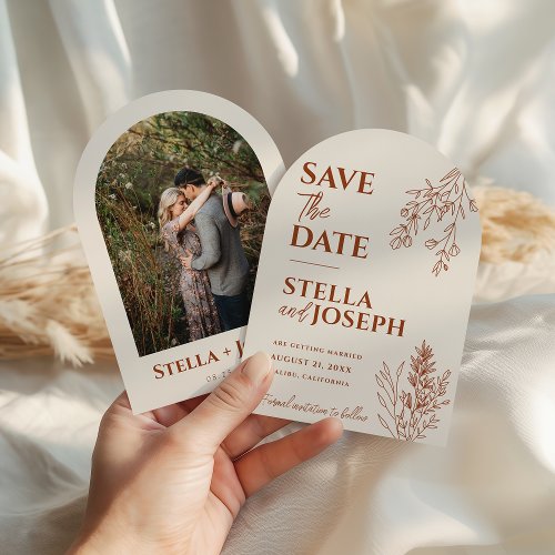 Floral Boho Beige Terracotta Earthy Arched Wedding Save The Date