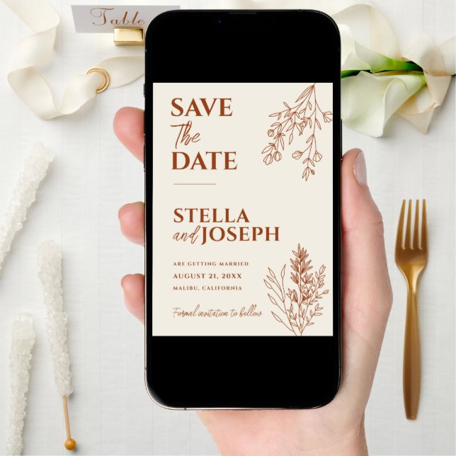 Floral Boho Beige Terracotta Herbal Modern Wedding Save The Date (Front Digital)