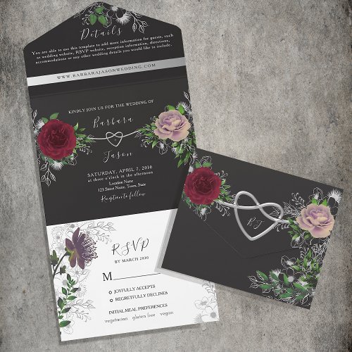 Floral Boho Black and White Wedding All In One Invitation