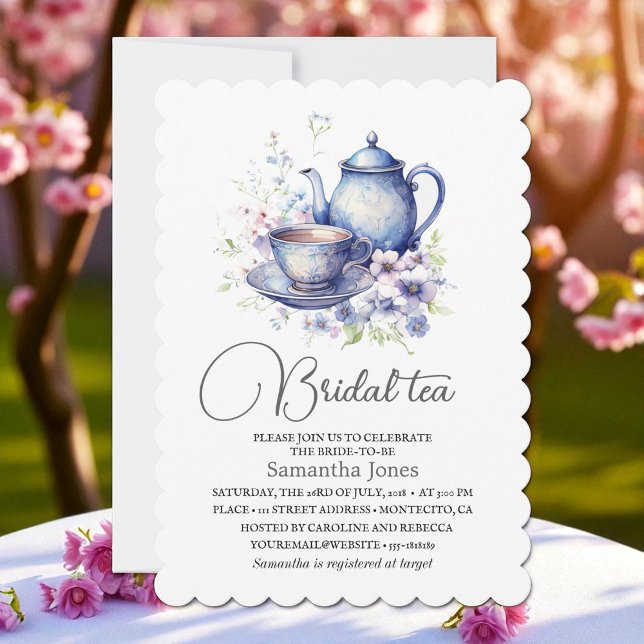 Floral Boho Blue Tea Pot Party Bridal Shower  Invitation (Creator Uploaded)