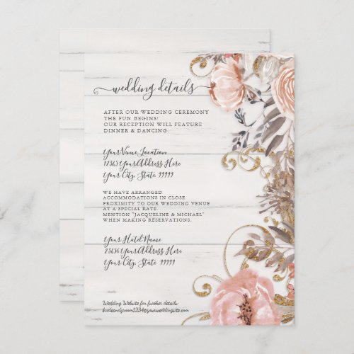 Floral Boho Blush Rose White Wood Wedding Details Invitation