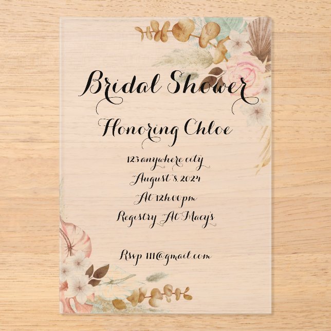 Floral boho bridal shower acrylic invitations (Front)