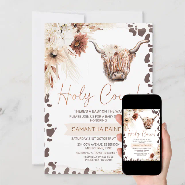 Floral Boho Brown Holy Cow Highland Baby Shower Invitation | Zazzle