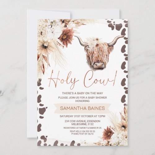 Floral Boho Brown Holy Cow Highland Baby Shower Invitation