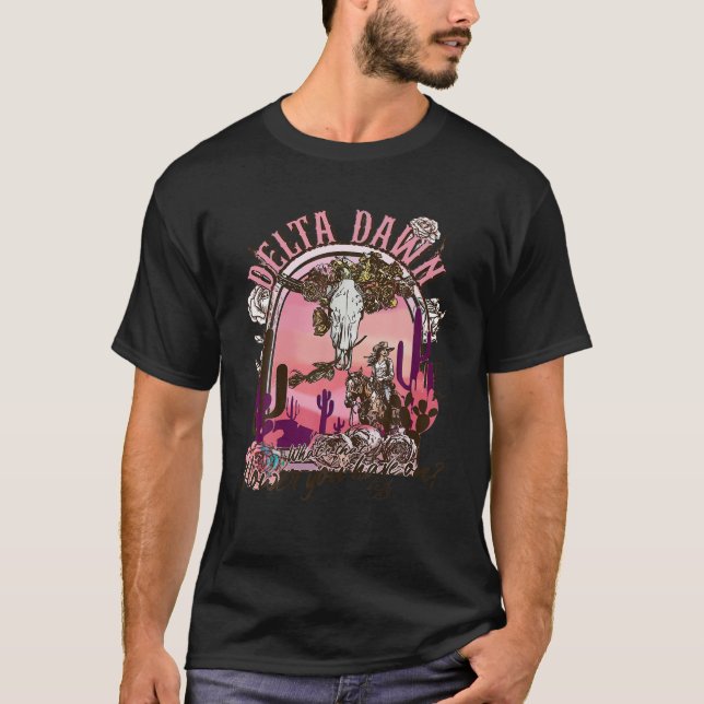 Floral Boho Bull Skull Delta Dawn Desert Western C T-Shirt (Front)