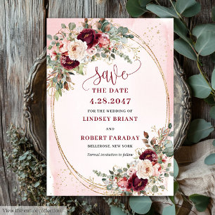 Floral Boho Burgundy Blush Gold Roses Save Date Invitation