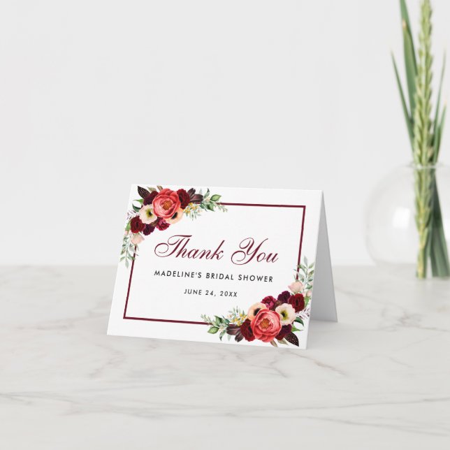 Floral Boho Burgundy Bridal Shower Thanks Note Thank You Card (Front)