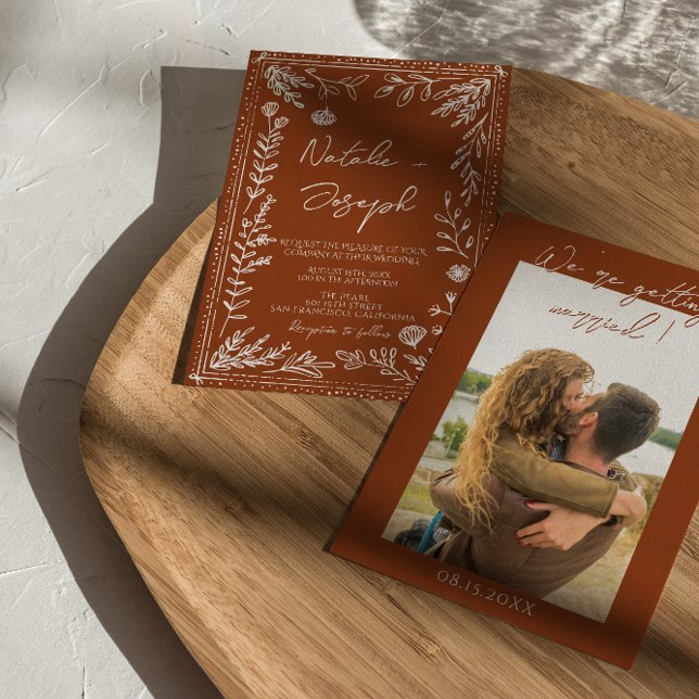 Floral Boho Burnt Orange Terracotta Photo Wedding Invitation (Creator Uploaded)