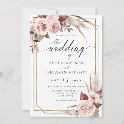 Floral Boho Champagne Watercolor Pampas Wedding  Invitation