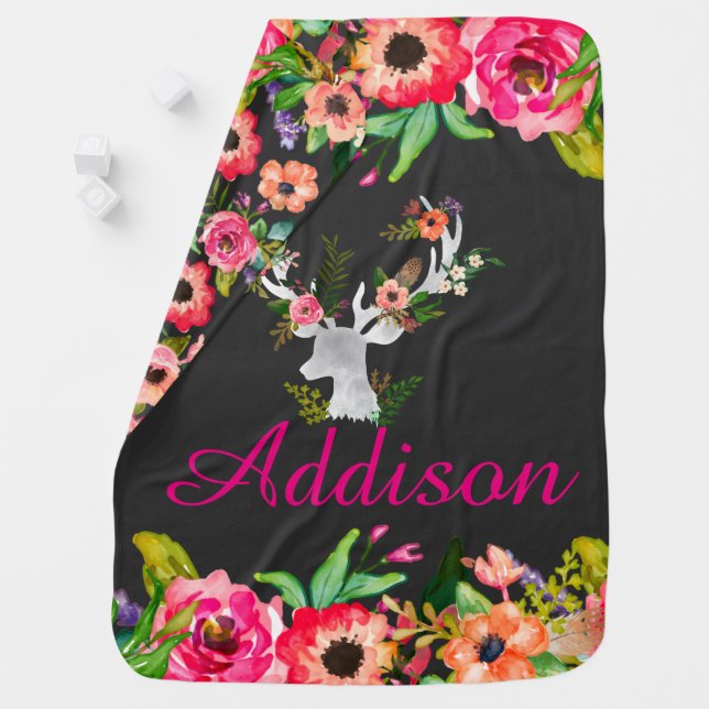 Floral Boho Chic Deer Personalized Baby Blanket (In Situ)