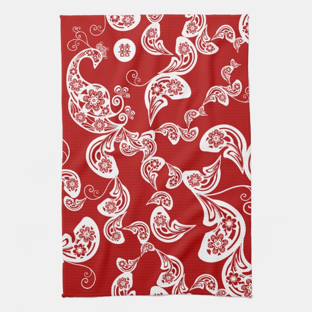 Floral Boho Chic Peacock Elegant Red Asian Wedding Towel (Vertical)
