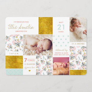 Floral Boho Collage Gold Birth Announcement Cards