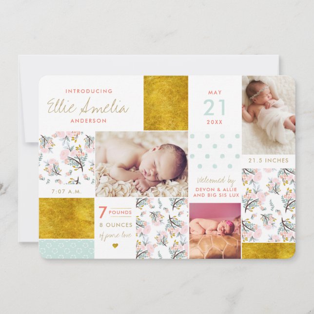Floral Boho Collage Gold Birth Announcement Cards (Front)