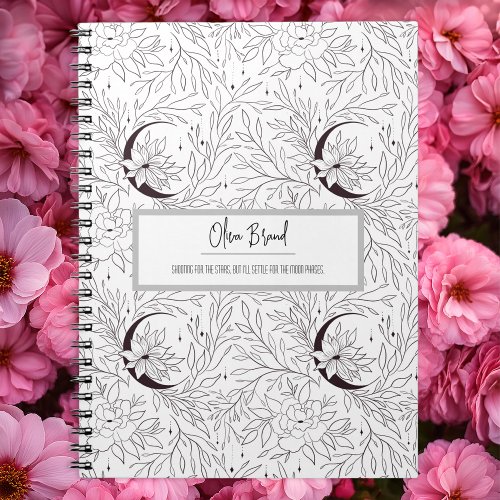 Floral Boho Cresent Moons Black and White Notebook