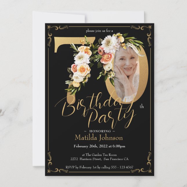 Floral Boho Custom Photo Black Gold 70th Birthday Invitation (Front)