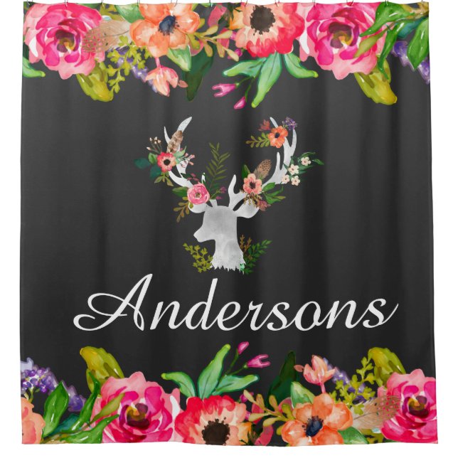 Floral Boho Deer Bath Shower Curtain Personalized (Front)