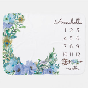 Floral Boho Dusty Blue Mint Baby Monthly Milestone Baby Blanket