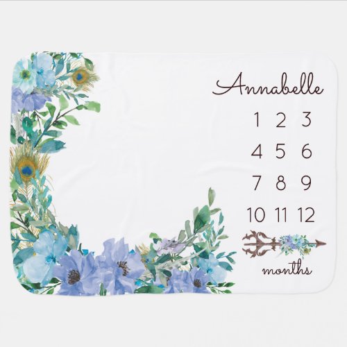 Floral Boho Dusty Blue Mint Baby Monthly Milestone Baby Blanket
