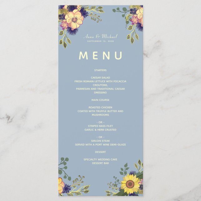 Floral Boho Dusty Blue Wedding Menu (Front)