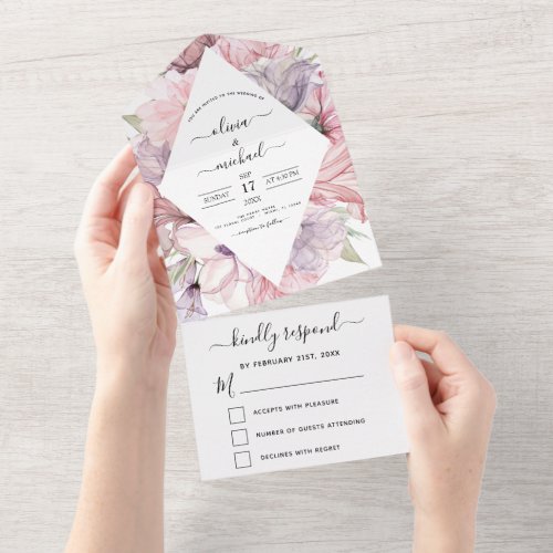 Floral Boho Dusty Pink Purple Wedding RSVP All In One Invitation