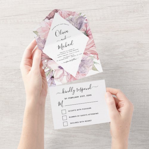Floral Boho Dusty Pink Purple Wedding RSVP All In One Invitation