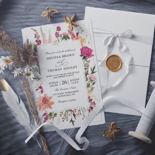 Floral Boho Elegant Rustic Budget QR Code Wedding Invitation