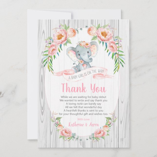 Floral Boho Elephant Baby Shower Thank You Card (Front)