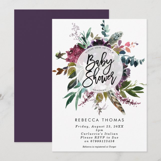 floral boho feathers baby shower invitation (Front/Back)