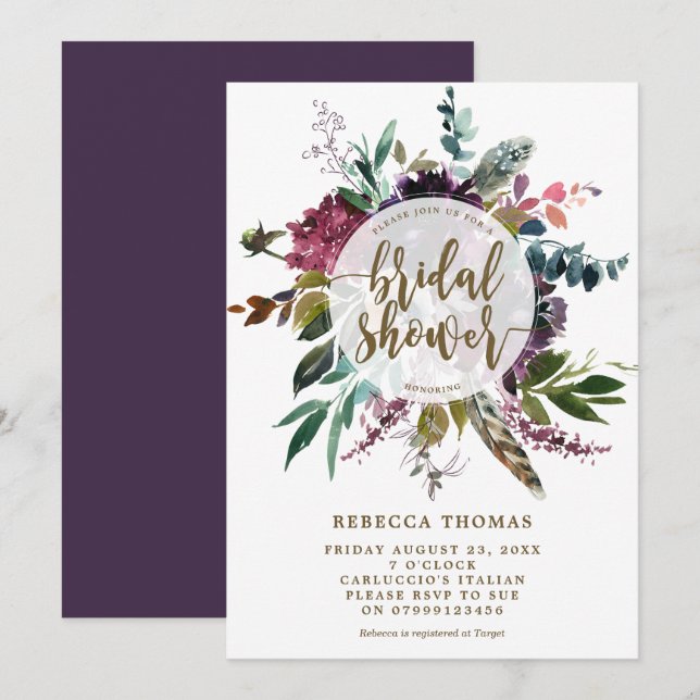 floral boho feathers bridal shower invitation (Front/Back)