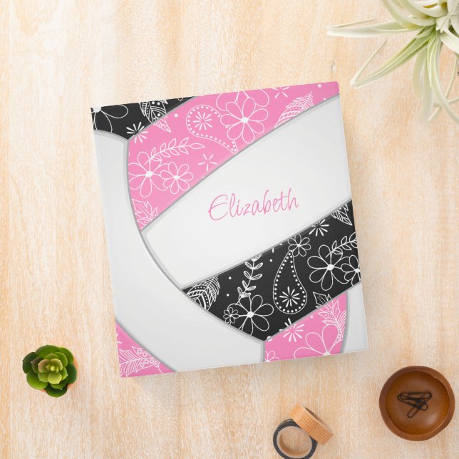 floral boho feathers paisley pink black volleyball 3 ring binder (In Situ)