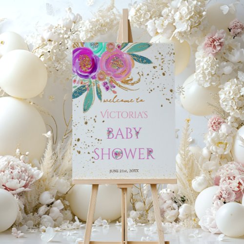 Floral Boho Gold Glitter Baby Shower Welcome Foam Board