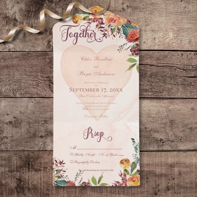 Floral Boho Heart Peach Jewel No Dinner All In One Invitation (Floral Boho Heart Peach Jewel All In One Wedding Invitation without Dinner Options)
