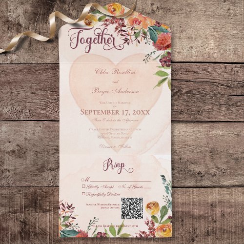 Floral Boho Heart Peach Jewel QR Code All In One Invitation