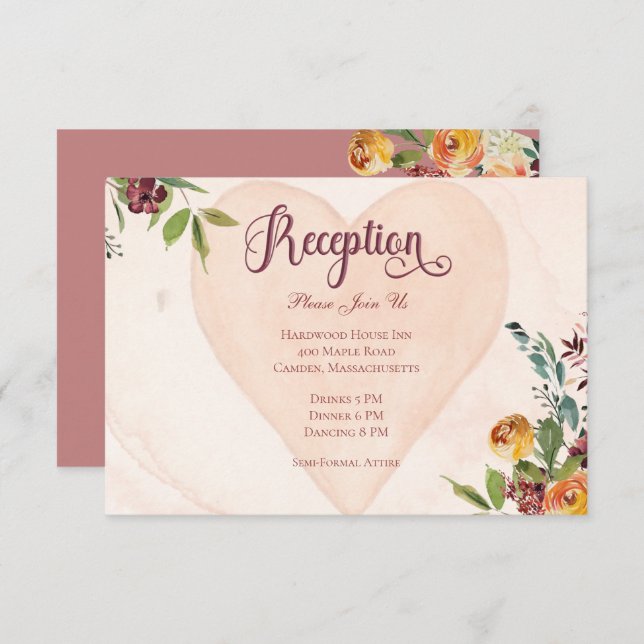 Floral Boho Heart Peach Wedding Reception Enclosure Card (Front/Back)