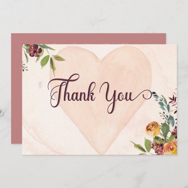 Floral Boho Heart Peach Wedding Thank You Card (Front/Back)