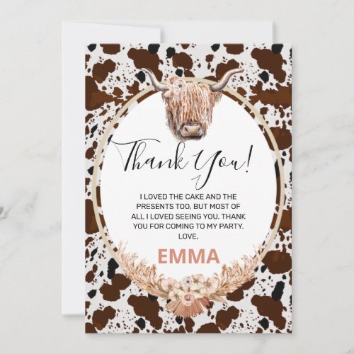 Floral Boho Highland Cow Birthday Thank You Card