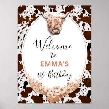 Floral Boho Highland Cow Birthday Welcome Poster by Sugar_Puff_Kids at Zazzle