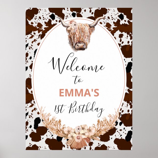 Floral Boho Highland Cow Birthday Welcome Poster (Front)