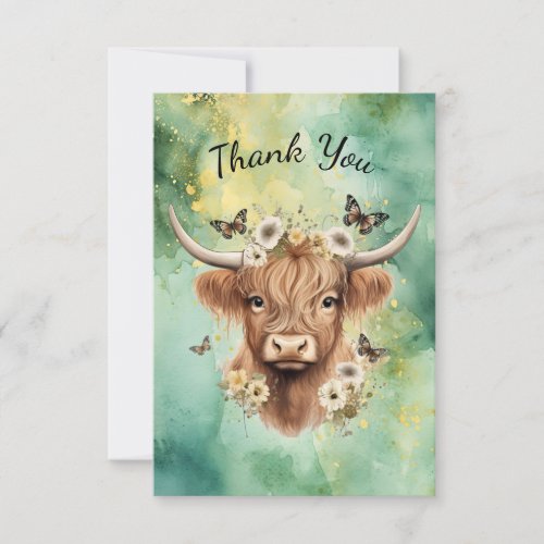 Floral Boho Highland Cow Butterfly Whimsical Thank You Card