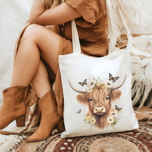 Floral Boho Highland Cow Butterfly Whimsical Tote Bag