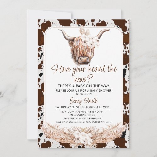 Floral Boho Highland Cow Cow Print Baby Shower Invitation