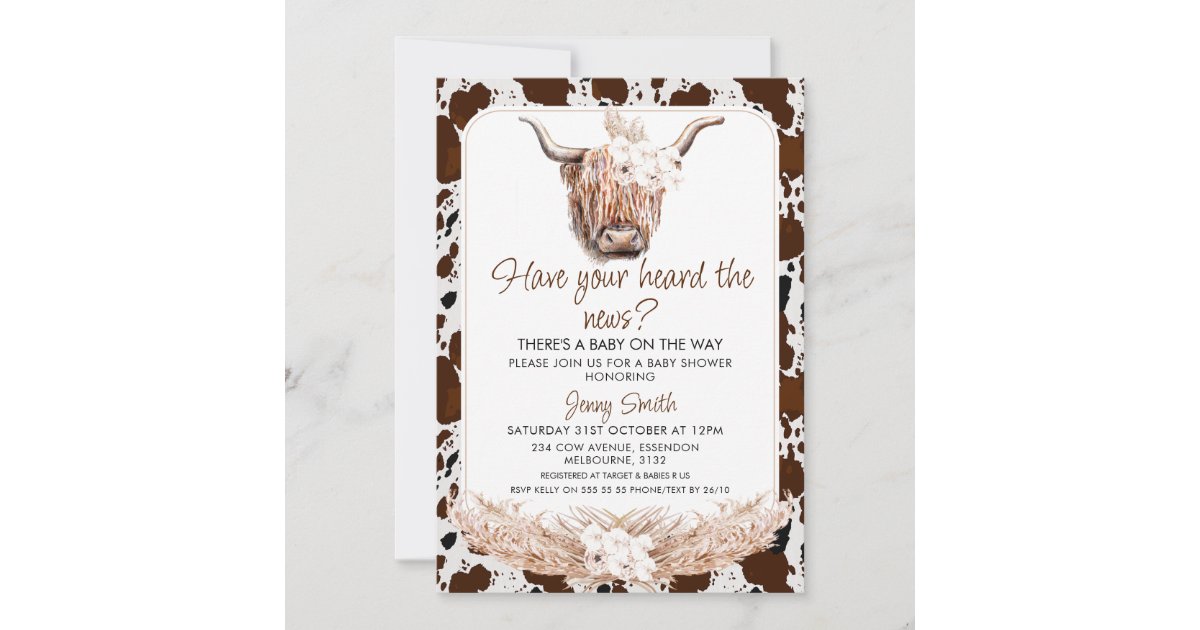 Floral Boho Highland Cow Cow Print Baby Shower Invitation Zazzle