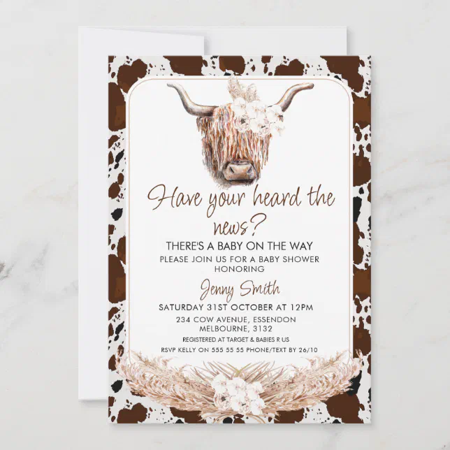 Floral Boho Highland Cow Cow Print Baby Shower Invitation | Zazzle