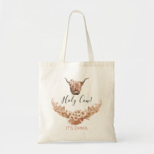 Floral Boho Highland Cow Personalized Tote Bag