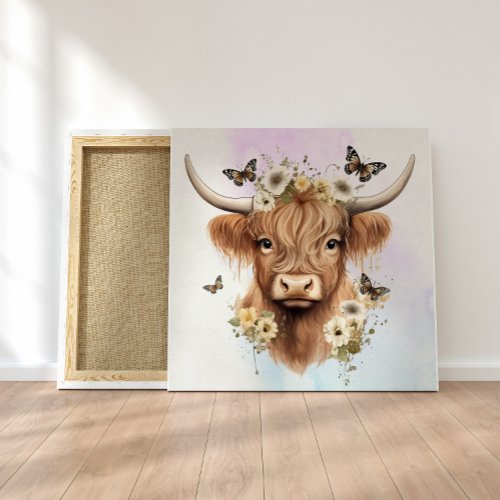 Floral Boho Highland Cow with Pastel Background Faux Canvas Print