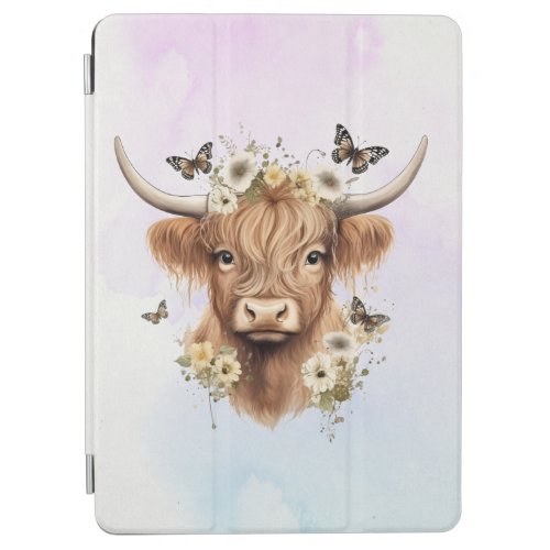 Floral Boho Highland Cow with Pastel Background iPad Air Cover