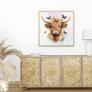 Floral Boho Highland Cow with Pastel Background Poster